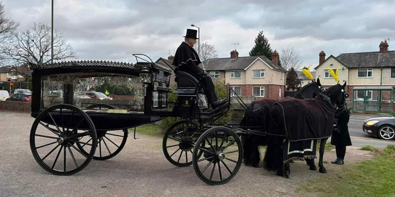 Horse drawn hearse and coachman
